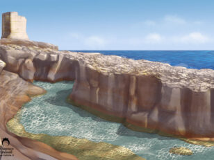 disegno digitale di costa alta su mare cristallino
